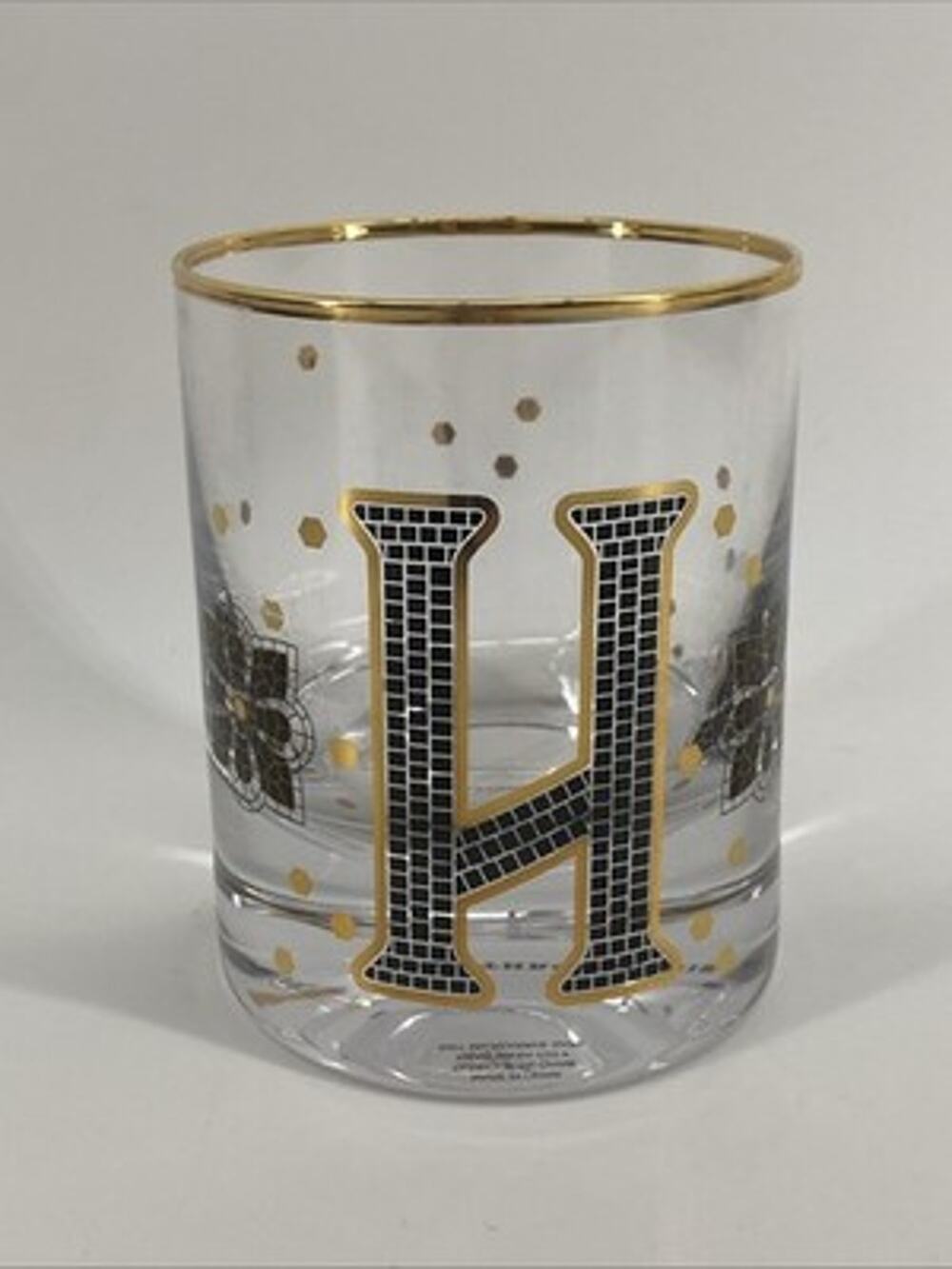 Anthropologie The Bistro Tile Monogram "H” Old Fashioned Glass Gold Details